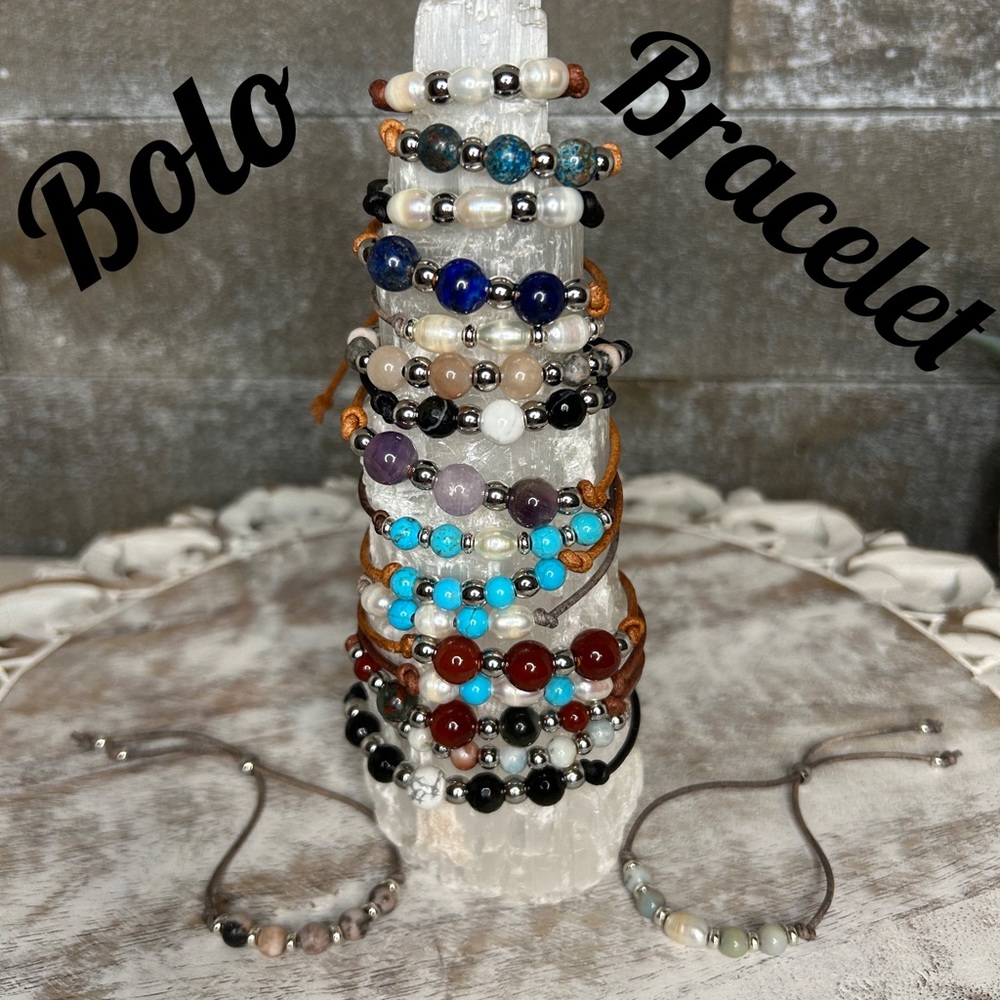 Beaded gemstone bolo bracelet